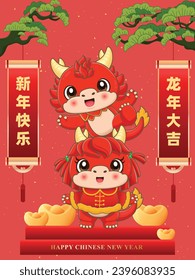 Vintage Chinese new year poster design with dragon character. Text: Happy New Year, Auspicious year of the dragon.