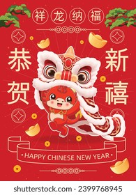 Diseño de afiches chinos de Año Nuevo con danza de león. Palabras chinas significan Feliz año nuevo, la medicina afortunada trae buena fortuna.