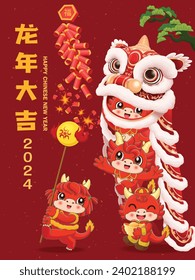 Vintage Chinese new year poster design with lion dance. Chinese wording means Auspicious year of the dragon, Prosperity