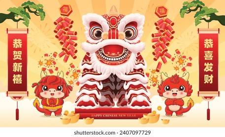 Vintage Chinese new year poster design with lion dance. Chinese wording means Happy new year, Wishing you prosperity and wealth, Prosperity