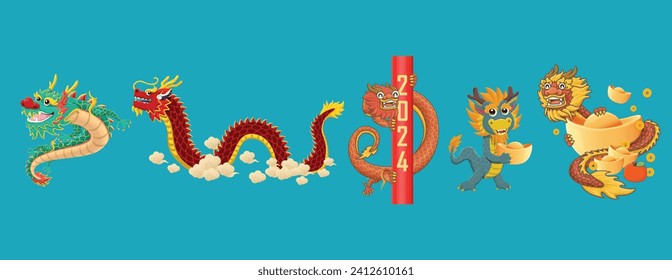 Vintage Chinese new year poster design with dragon set.