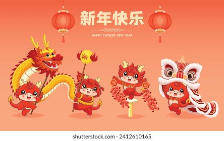 Vintage Chinese new year poster design with dragon, lion dance. Chinese wording means Happy New Year, Prosperity.