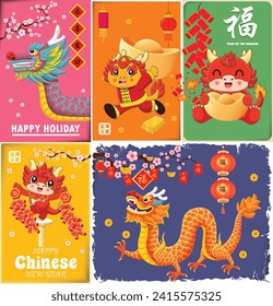 Vintage Chinese new year poster design with dragon set. Chinese wording means Happy New Year with blessing and luck,Wealthy and best prosperous, prosperity.