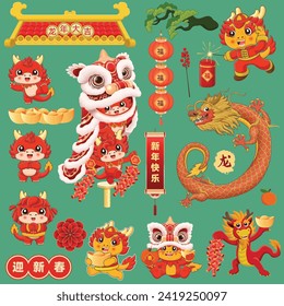 Diseño vintage de afiches chinos de año nuevo con danza del dragón y el león. Palabras chinas significan Primavera de Bienvenida, Año Nuevo Feliz, Año Auspicioso del dragón, Prosperidad.