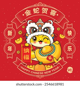 Vintage Chinese new year poster design with snake. Chinese wording means Golden Snake Brings Blessings, Happy New Year, snake, fortune