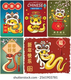 Vintage Chinese new year poster design with snake. Translation: Welcome New Year Spring, fortune, Happy New Year, Prosperity, Wealthy and best prosperous, Happy Lunar Year, Prosperity.