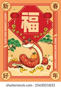 Vintage Chinese new year poster design with snake. Chinese wording means Happy Lunar Year, Prosperity.