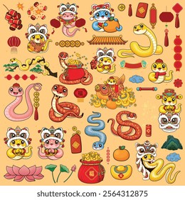 Vintage Chinese new year poster design with snake. Chinese wording means Prosperity.