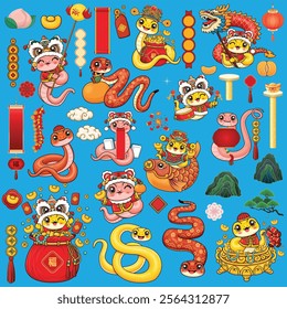 Vintage Chinese new year poster design with snake. Chinese wording means Prosperity.