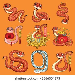 Vintage Chinese new year poster design with snake. Translation: Wishing you prosperity and wealth, Prosperity.