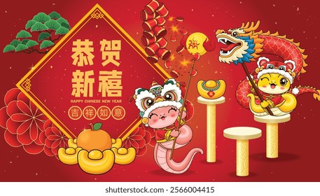 Vintage Chinese new year poster design with snake. Translation: Happy Lunar Year, May you be safe and lucky, Prosperity.