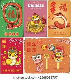 Vintage Chinese new year poster design with snake. Translation: Prosperity, Happy New Year, Auspicious year of the snake, 