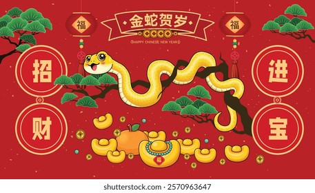 Vintage Chinese new year poster design with snake. Translation: Golden Snake Brings Blessings, Wishing you prosperity and wealth, Prosperity.