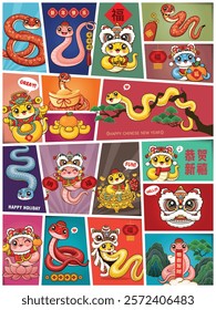 Vintage Chinese new year poster design with snake. Translation: Happy New Year, Prosperity, Wishing you prosperity and wealth, Happy Lunar Year.