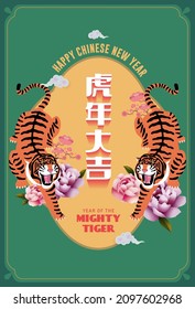 vintage chinese new year of the tiger design template vector, illustration with chinese words that mean 'good luck in the year of the tiger'