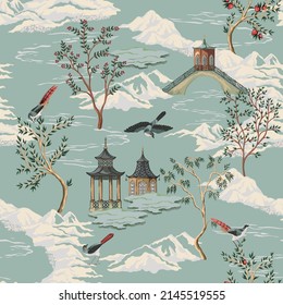 Vintage Chinese pagoda, landscape, tree, birds, mountain seamless pattern. Chinoiserie exotic wallpaper.