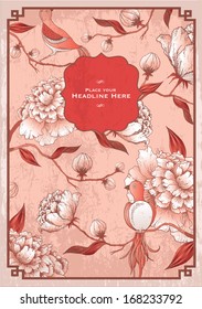 vintage chinese peony flower background template vector/illustration