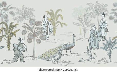 Vintage Chinese people, peacock, palm trees floral seamless border grey background. 