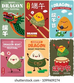 Vintage chinese rice dumplings cartoon character and dragon boat set. Dragon boat festival illustration.(caption: Dragon Boat festival, 5th day of may)