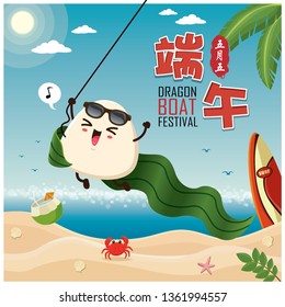 Vintage Chinese rice dumplings cartoon character. Dragon boat festival illustration.(caption: Dragon Boat festival, 5th day of may)