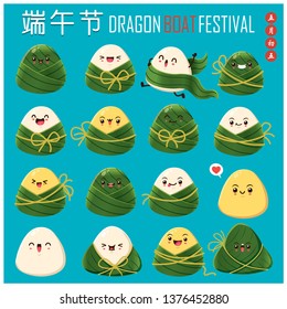 Vintage Chinese rice dumplings cartoon character. Dragon boat festival illustration.(caption: Dragon Boat festival, 5th day of may)