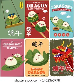 Vintage Chinese rice dumplings cartoon character & dragon boat. Dragon boat festival illustration.(caption: Dragon Boat festival, 5th day of may)