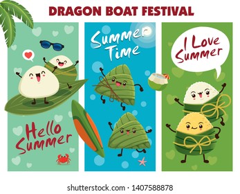 Vintage Chinese rice dumplings cartoon character. Dragon boat festival illustration.(caption: Dragon Boat festival, 5th day of may)