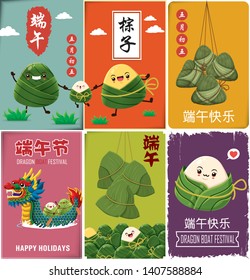 Vintage chinese rice dumplings cartoon character & dragon boat. Dragon boat festival illustration.(caption: Dragon Boat festival, 5th day of may)