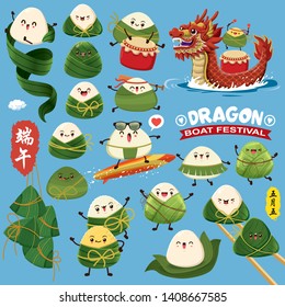 Vintage Chinese rice dumplings cartoon character & dragon boat. Dragon boat festival illustration.(caption: Dragon Boat festival, 5th day of may)