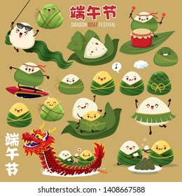 Vintage Chinese rice dumplings cartoon character & dragon boat. Dragon boat festival illustration.(caption: Dragon Boat festival, 5th day of may)