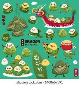 Vintage Chinese rice dumplings cartoon character & dragon boat. Dragon boat festival illustration.(caption: Dragon Boat festival, 5th day of may)