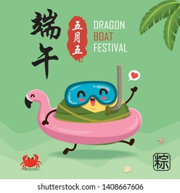 Vintage Chinese rice dumplings cartoon character. Dragon boat festival illustration.(caption: Dragon Boat festival, 5th day of may)