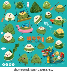 Vintage Chinese rice dumplings cartoon character & dragon boat. Dragon boat festival illustration.(caption: Dragon Boat festival, 5th day of may)