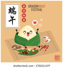 Vintage Chinese rice dumplings cartoon character. Dragon boat festival illustration.(caption: Dragon Boat festival, 5th day of may)