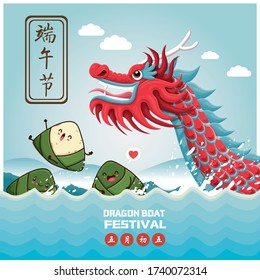 Vintage chinese rice dumplings cartoon character & dragon boat. Dragon boat festival illustration.(caption: Dragon Boat festival, 5th day of may, rice dumpling, zongzi, Happy Festival)
