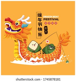 Vintage chinese rice dumplings cartoon character & dragon boat. Dragon boat festival illustration.(caption: caption: Dragon Boat festival, 5th day of may, Happy Festival, Chinese rice dumplings, zongz
