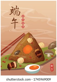 Vintage Chinese rice dumplings cartoon character. Dragon boat festival illustration.(caption: caption: Dragon Boat festival, 5th day of may, Happy Festival, Chinese rice dumplings, zongzi)