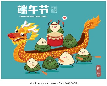 Vintage chinese rice dumplings cartoon character & dragon. Dragon boat festival illustration. (caption: caption: Dragon Boat festival, 5th day of may, Happy Festival, Chinese rice dumplings, zongzi)