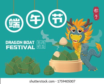 Vintage chinese rice dumplings cartoon character & dragon. Dragon boat festival illustration. (caption: caption: Dragon Boat festival, 5th day of may, Happy Festival, Chinese rice dumplings, zongzi)