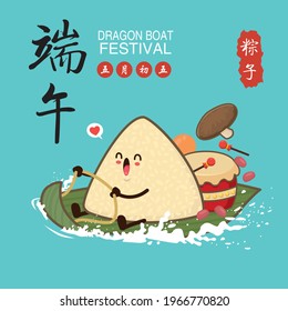 Vintage Chinese rice dumplings cartoon character. Dragon boat festival illustration.(Chinese word means Dragon Boat festival, 5th day of may,rice dumpling, zongzi)