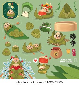 Vintage chinese rice dumplings cartoon character. Dragon boat festival illustration.(caption Dragon Boat festival, 5th day of may, dumplings, realgar wine)