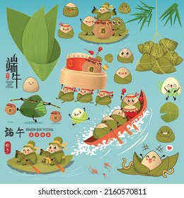 Vintage chinese rice dumplings cartoon character. Dragon boat festival illustration.(caption Dragon Boat festival, 5th day of may, dumplings, realgar wine)