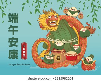 Vintage Chinese rice dumplings cartoon. Dragon boat festival illustration.Chinese word means Wish you peace and health on Dragon Boat Festival, 5th day of may, rice dumpling, zongzi