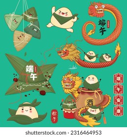 Vintage Chinese rice dumplings cartoon. Dragon boat festival illustration.Chinese word means Wish you peace and health on Dragon Boat Festival, 5th day of may, rice dumpling, zongzi