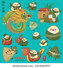 Vintage Chinese rice dumplings cartoon. Dragon boat festival illustration.Chinese word means Wish you peace and health on Dragon Boat Festival, 5th day of may, rice dumpling, zongzi