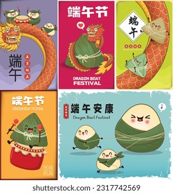 Vintage Chinese rice dumplings cartoon. Dragon boat festival illustration.Chinese word means Dragon Boat festival, Wish you peace and health on Dragon Boat Festival5th day of may, rice dumpling,zongzi