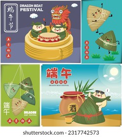 Vintage Chinese rice dumplings cartoon. Dragon boat festival illustration.Chinese word means Dragon Boat festival, Wish you peace and health on Dragon Boat Festival5th day of may, rice dumpling,zongzi