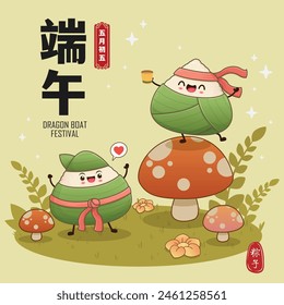 Antiguas chino arroz dumplings personaje de dibujos animados. Ilustración del festival del barco del dragón. (palabra china significa festival del barco del dragón, día 5 de mayo, bola de masa hervida del arroz, zongzi)