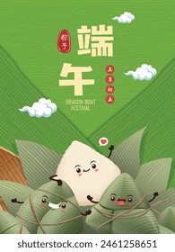 Antiguas chino arroz dumplings personaje de dibujos animados. Ilustración del festival del barco del dragón. (palabra china significa festival del barco del dragón, día 5 de mayo, bola de masa hervida del arroz, zongzi)