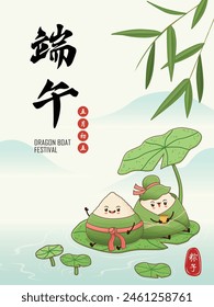 Antiguas chino arroz dumplings personaje de dibujos animados. Ilustración del festival del barco del dragón. (palabra china significa festival del barco del dragón, día 5 de mayo, bola de masa hervida del arroz, zongzi)